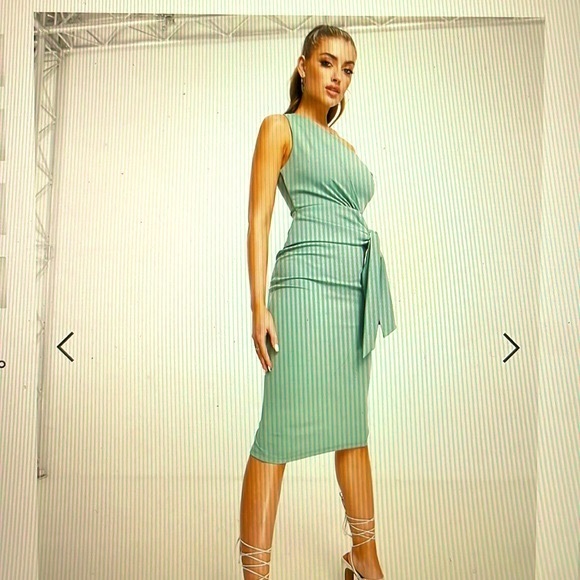 One shoulder side knot midi dress in sage green - Picture 3 of 6